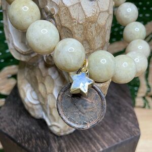 Yellow Jade 12mm with Bird Coin and Moonstone Star